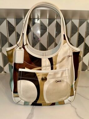 Y2K Vintage Coach Ergo Scarf Print Hobo Bag Ivory Brown Blue Leather Trim